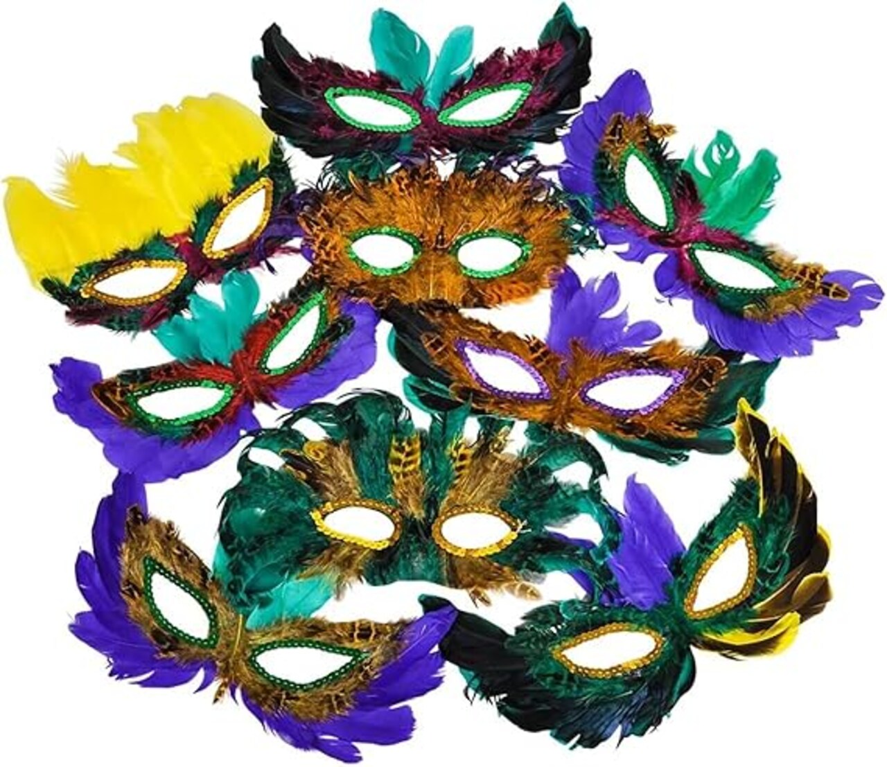 4E's Novelty 12 Pack Bulk Mardi Gras Masks With Feathers for Adult Men Women, Masquerade Party Masks for Mardi Gras Outfit Accessories